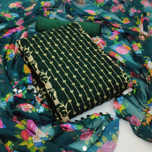 Green Casual Wear Embroidered Georgette Dress Material - Peachmode