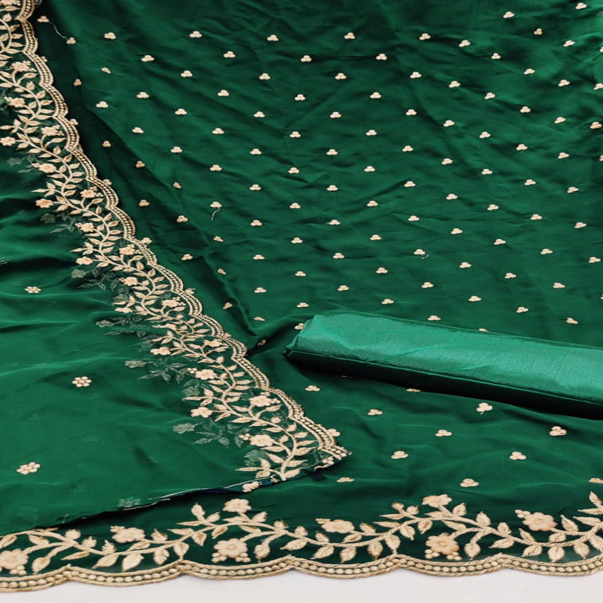 Green Casual Wear Embroidered Georgette Dress Material - Peachmode