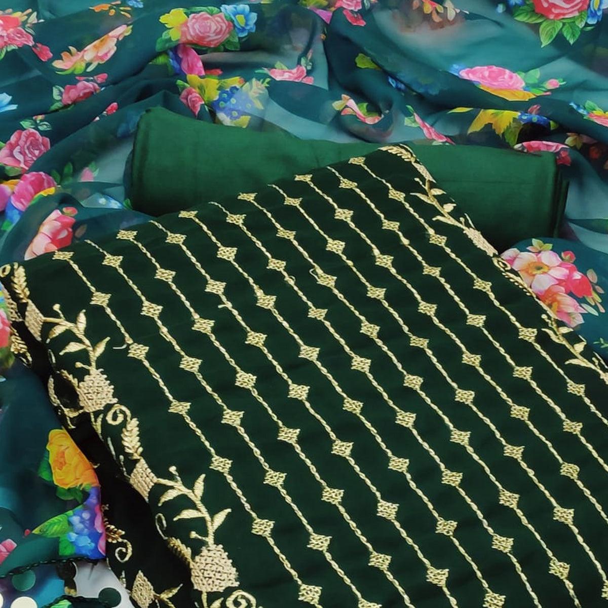 Green Casual Wear Embroidered Georgette Dress Material - Peachmode