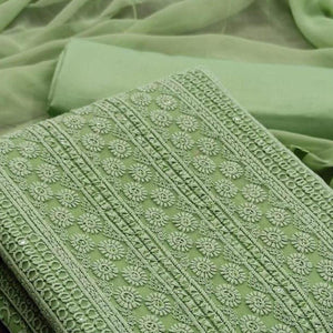 Green Casual Wear Embroidered Georgette Dress Material - Peachmode