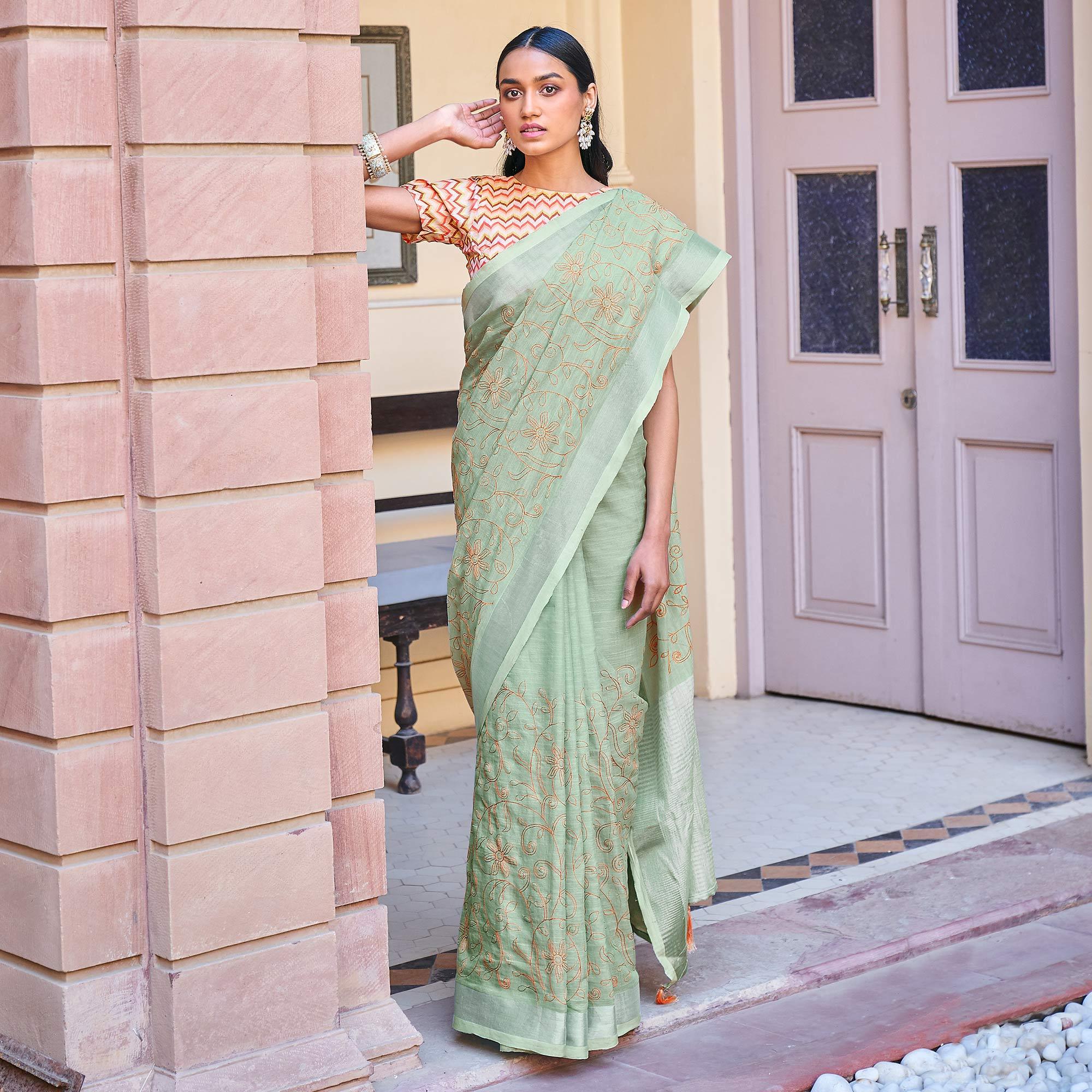Green Casual Wear Embroidered Linen Saree - Peachmode