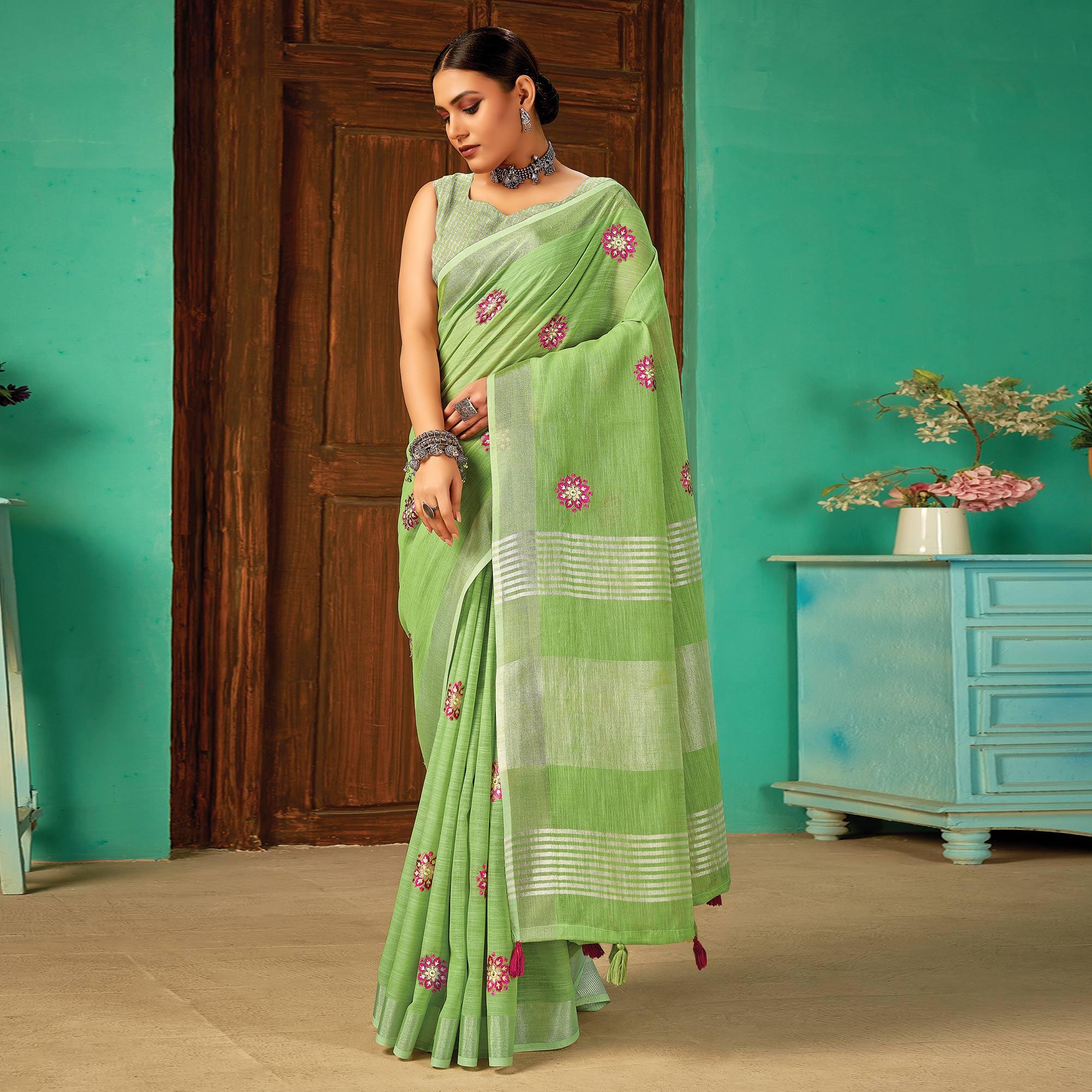Green Casual Wear Embroidered Linen Saree - Peachmode