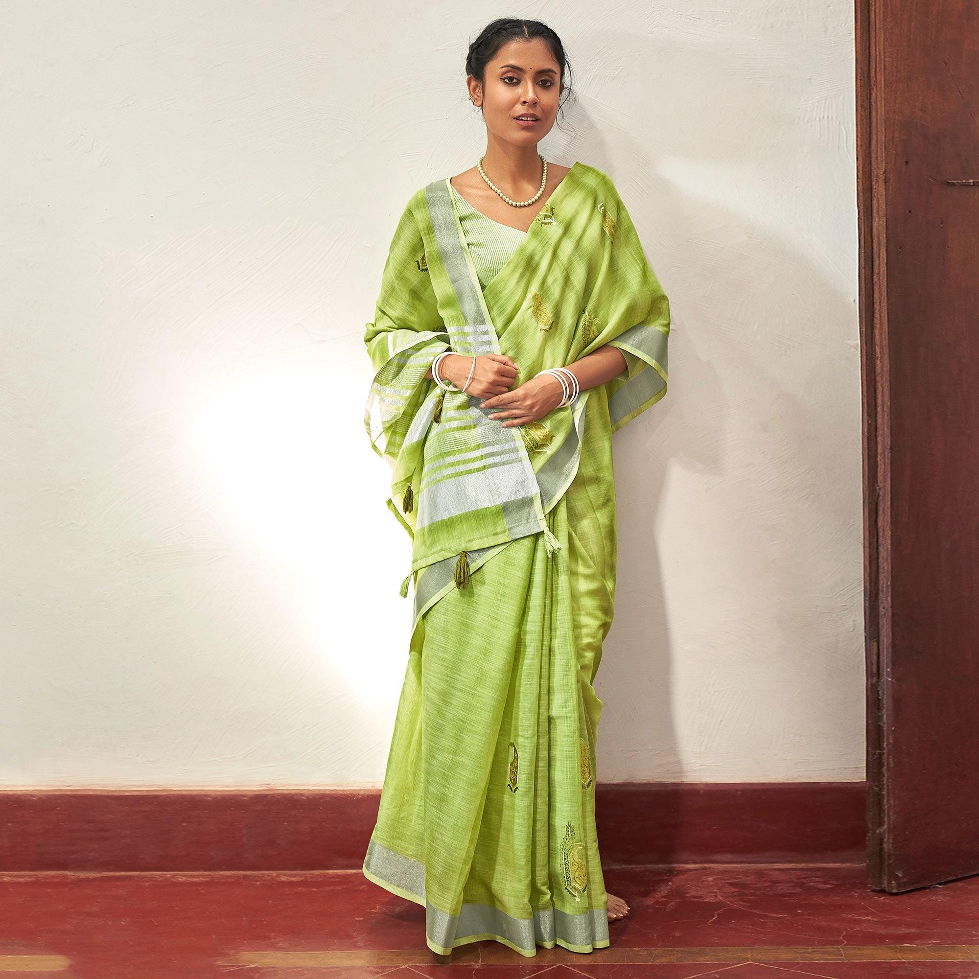 Green Casual Wear Embroidered Linen Saree With Tassels - Peachmode