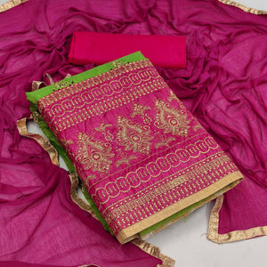 Green Casual Wear Embroidered Modal-Chanderi-Cotton Dress Material - Peachmode