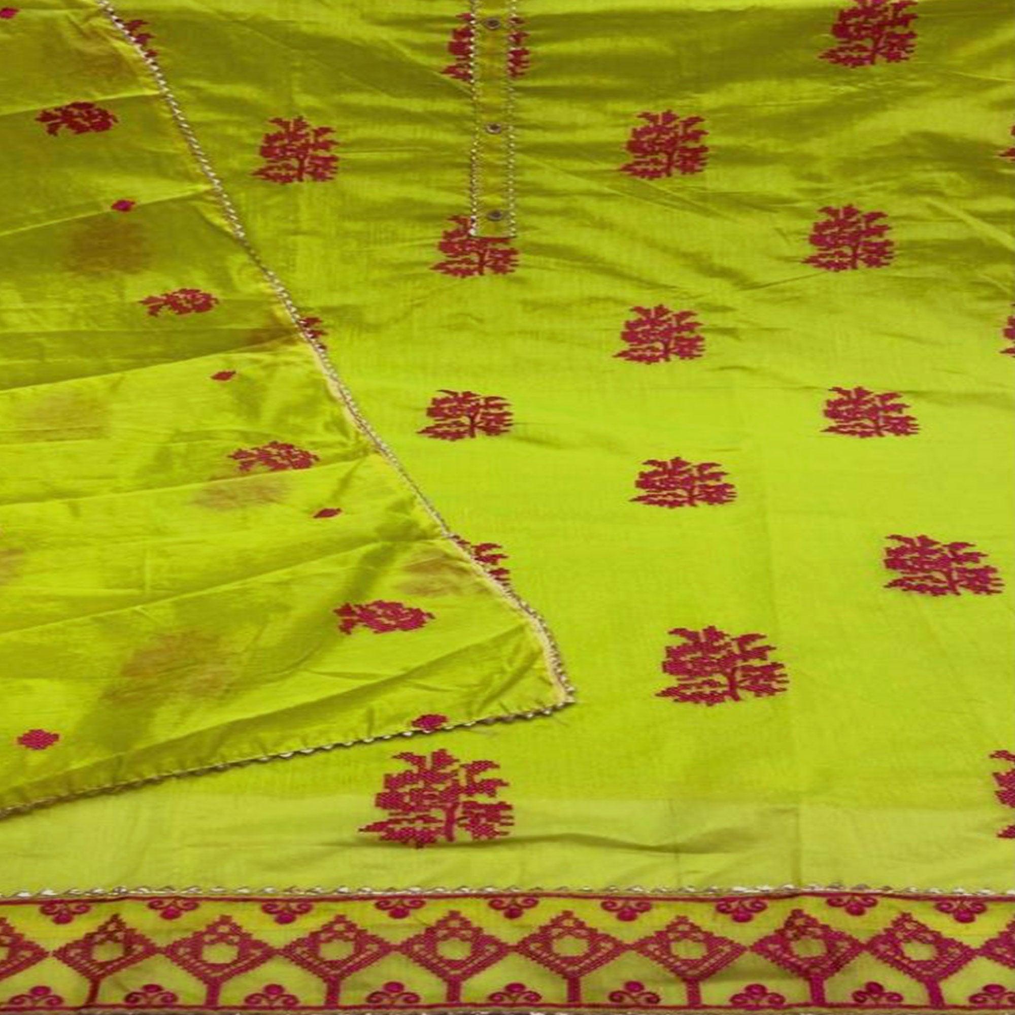 Green Casual Wear Embroidered Modal Silk Dress Material - Peachmode