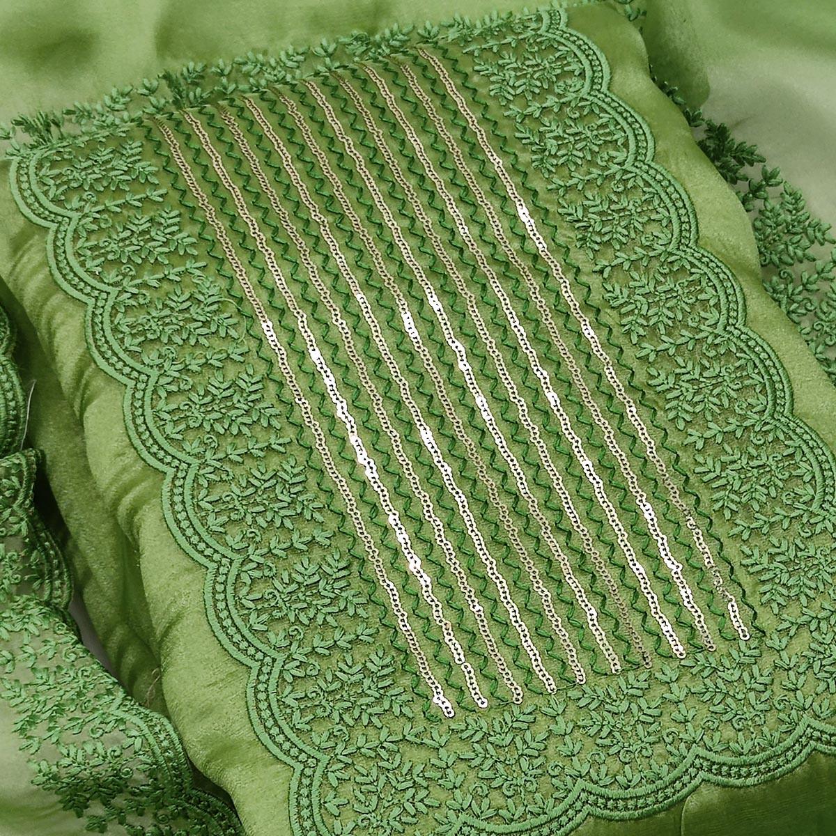 Green Casual Wear Embroidered Organza Dress Material - Peachmode