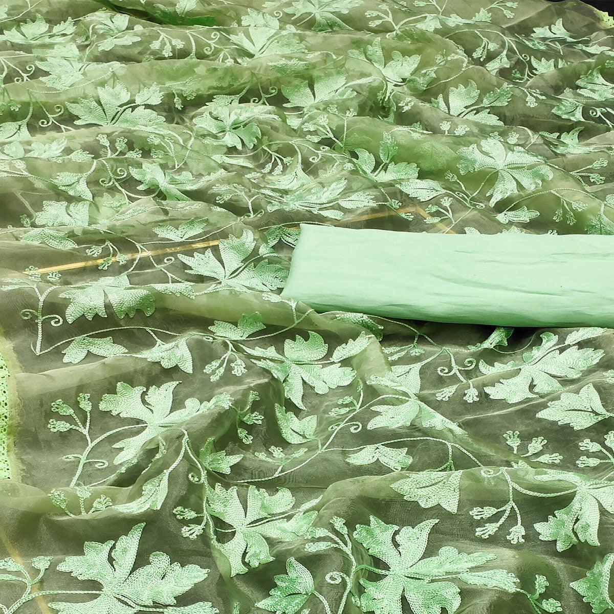 Green Casual Wear Embroidered Organza Saree - Peachmode
