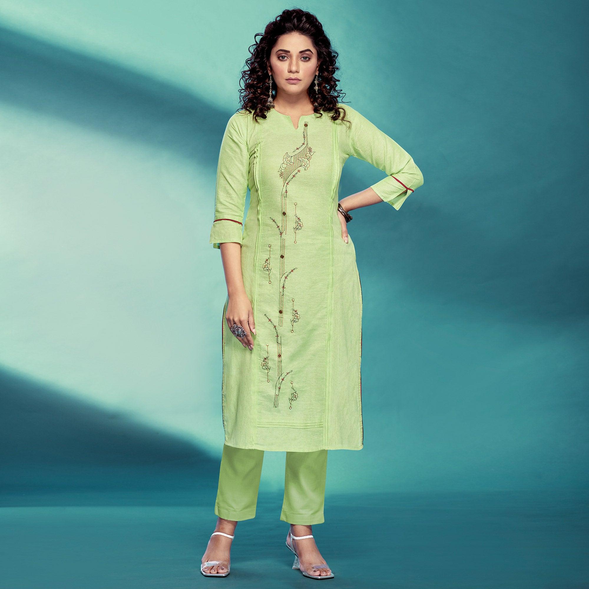 Green Casual Wear Embroidered Pure Cotton Kurti - Peachmode