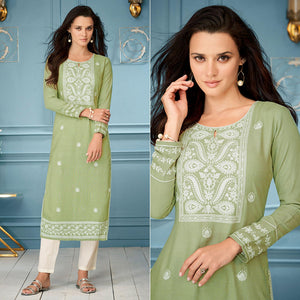 Green Casual Wear Embroidered Rayon Kurti - Peachmode