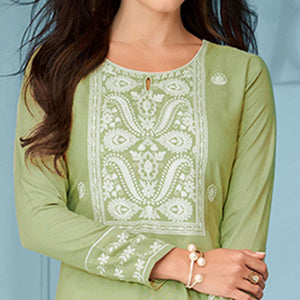 Green Casual Wear Embroidered Rayon Kurti - Peachmode