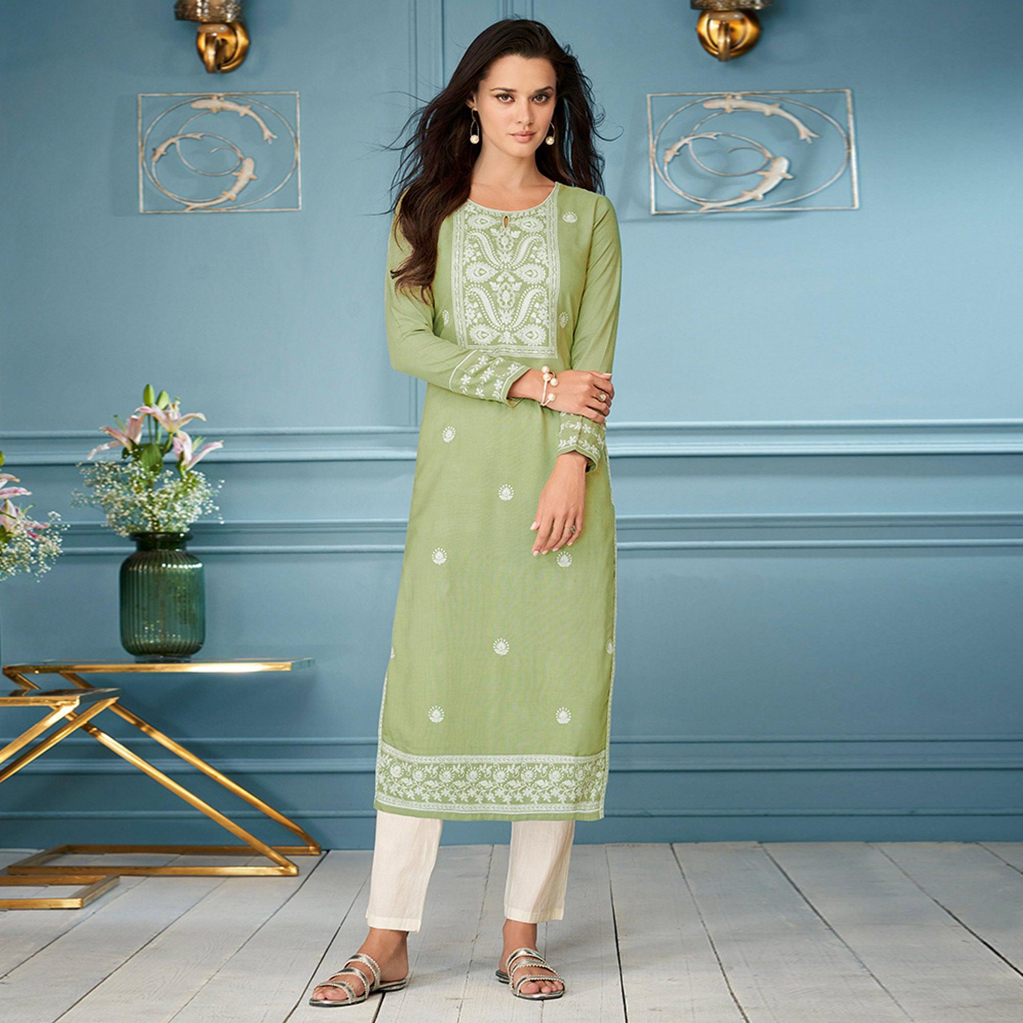 Green Casual Wear Embroidered Rayon Kurti - Peachmode