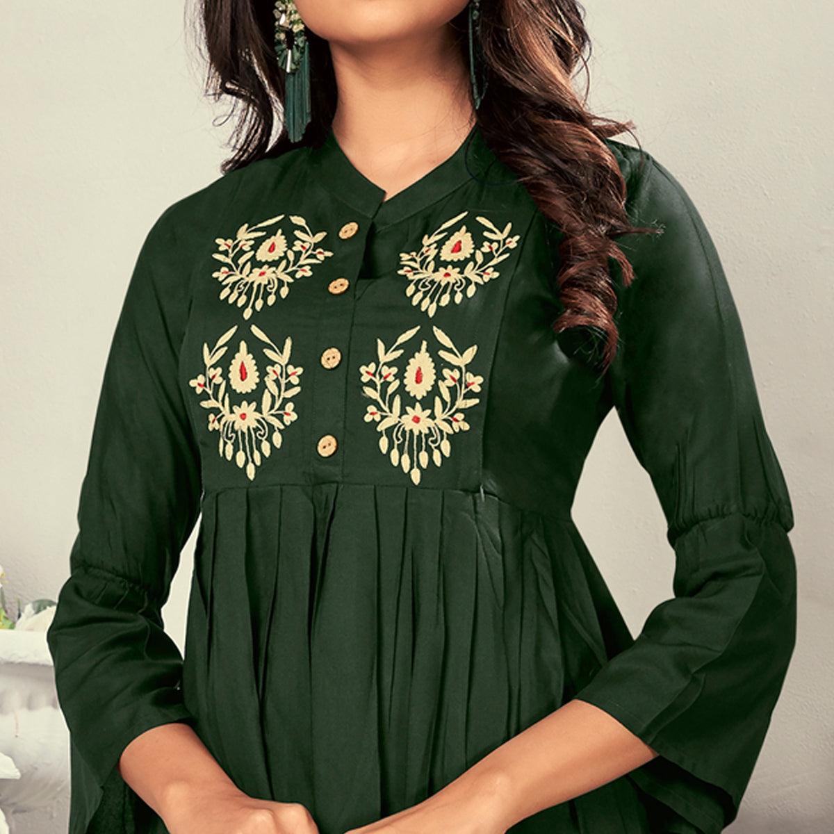 Green Casual Wear Embroidered Rayon Maternity Kurti - Peachmode