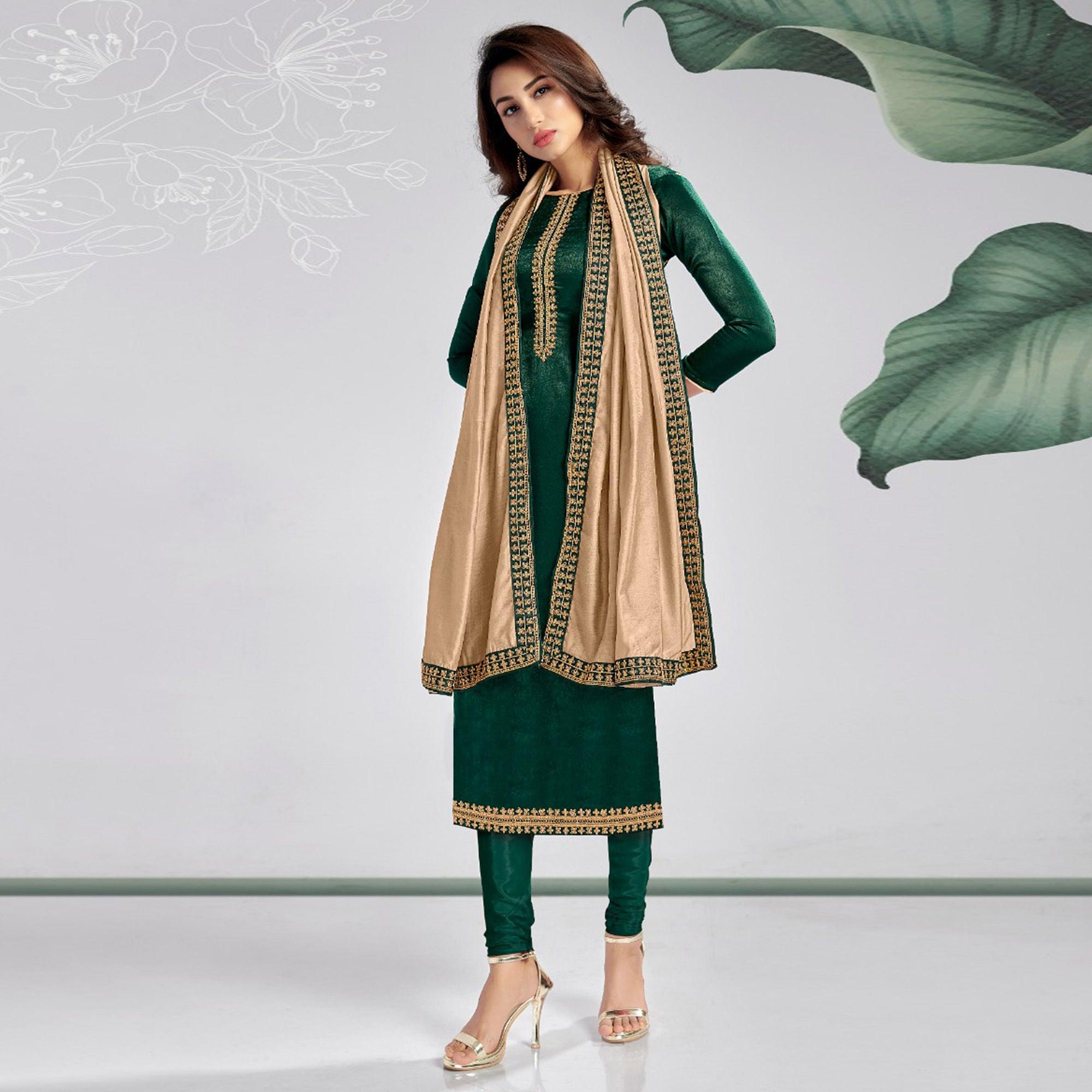 Green Casual Wear Embroidered Sanaya Silk Dress Material - Peachmode