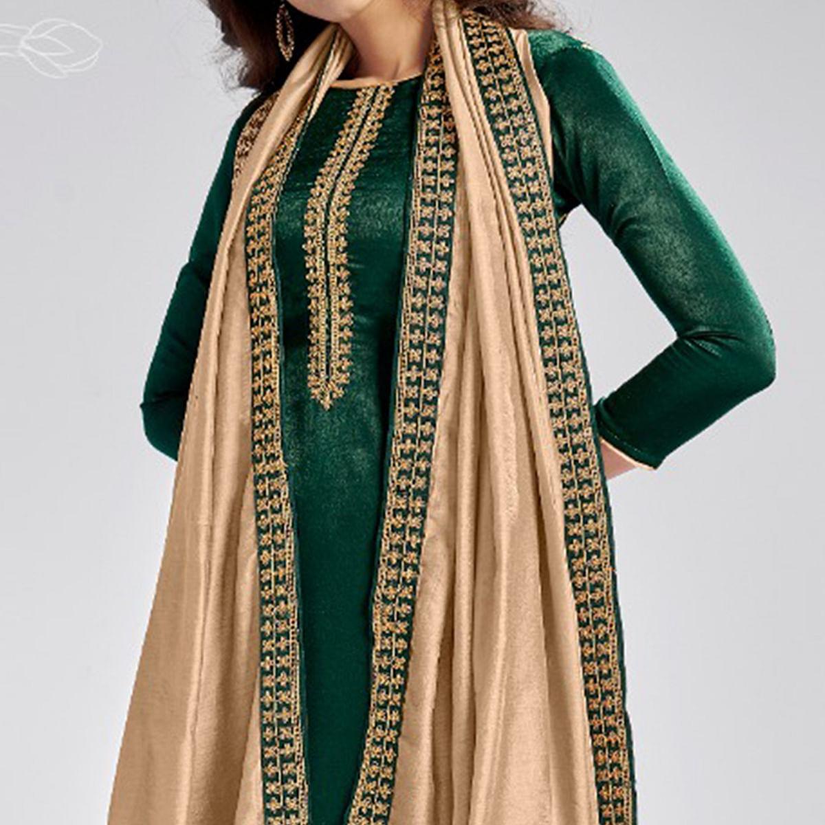 Green Casual Wear Embroidered Sanaya Silk Dress Material - Peachmode