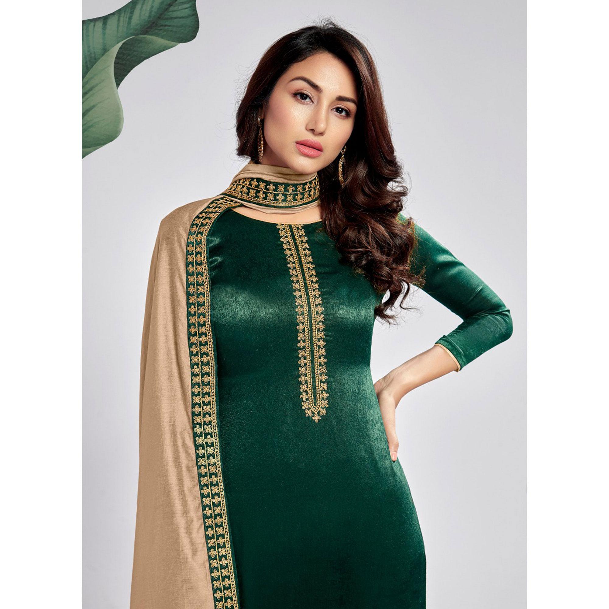 Green Casual Wear Embroidered Sanaya Silk Dress Material - Peachmode