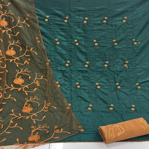 Green Casual Wear Embroidered Silk Dress Material - Peachmode