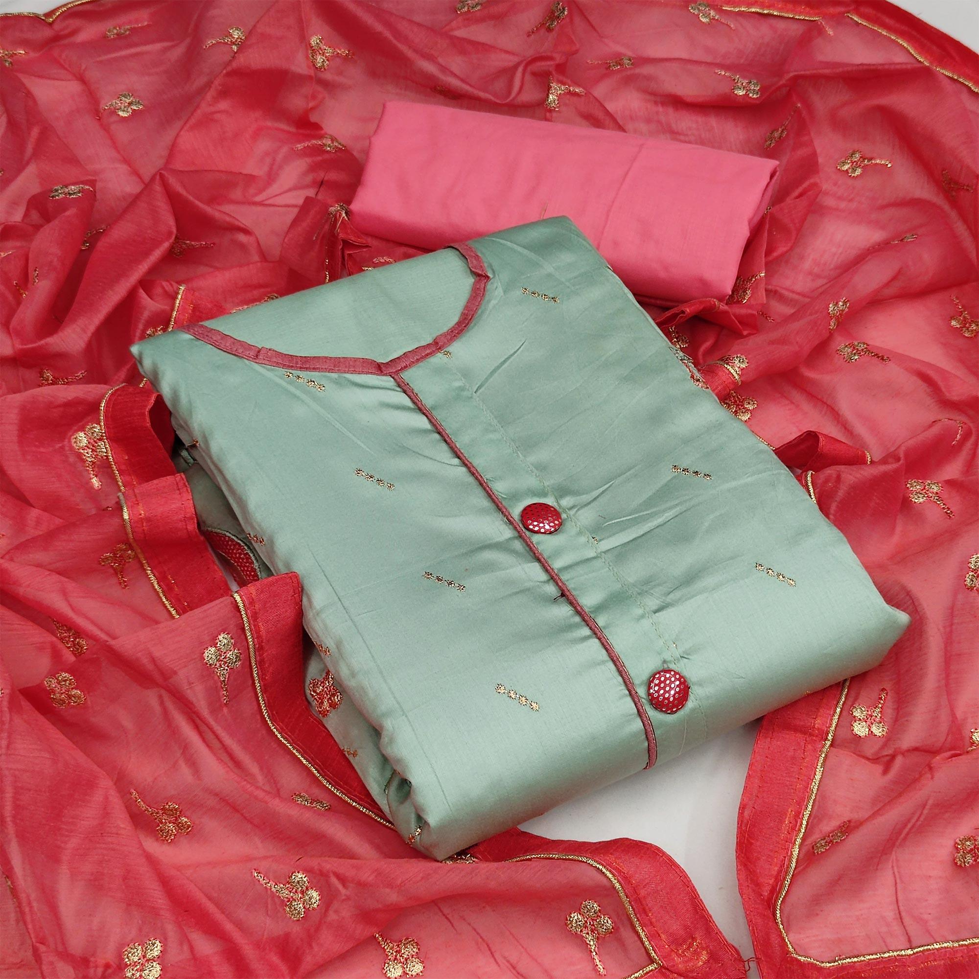 Green Casual Wear Embroidered Work Cotton Dress Material - Peachmode