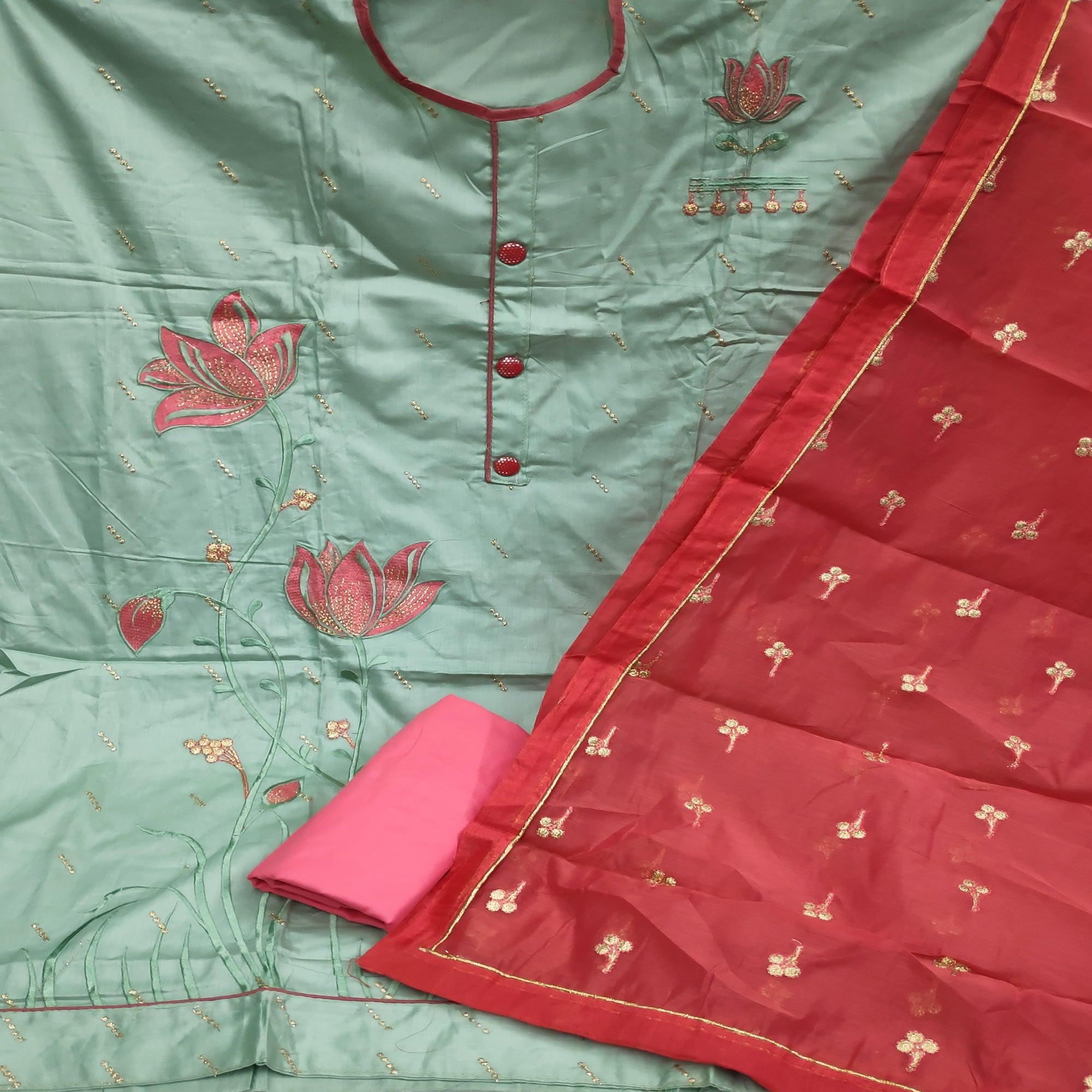 Green Casual Wear Embroidered Work Cotton Dress Material - Peachmode