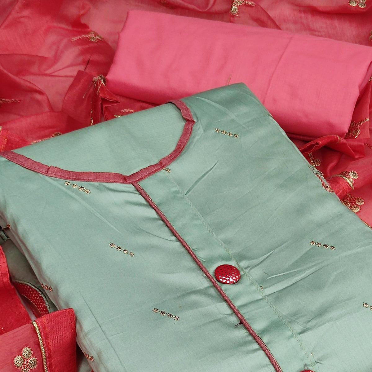 Green Casual Wear Embroidered Work Cotton Dress Material - Peachmode