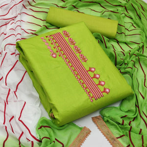 Green Casual Wear Embroidery Work Poly Cotton Dress Material - Peachmode