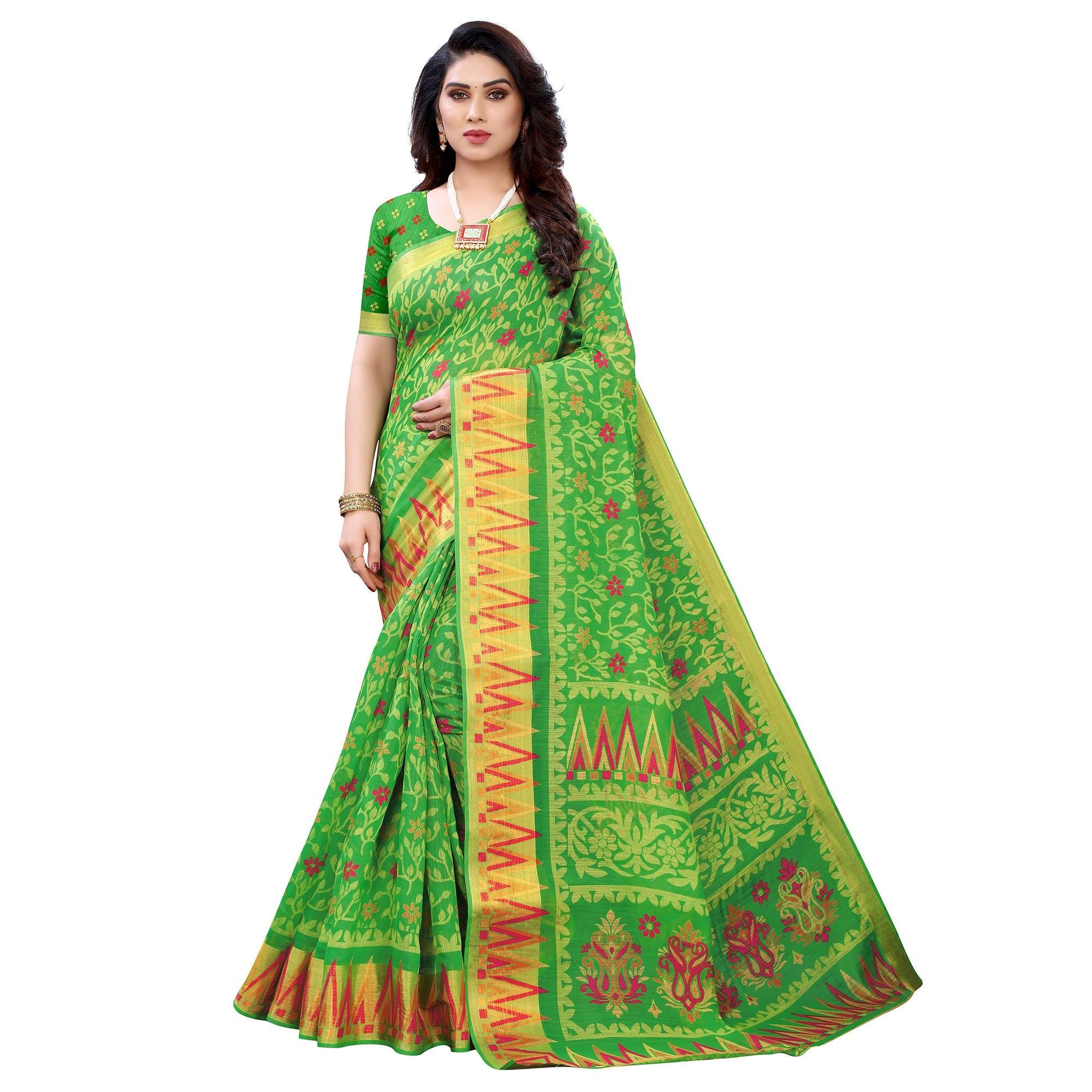 Green Casual Wear Fancy Printed Heavy Linen Saree With Zari Border - Peachmode