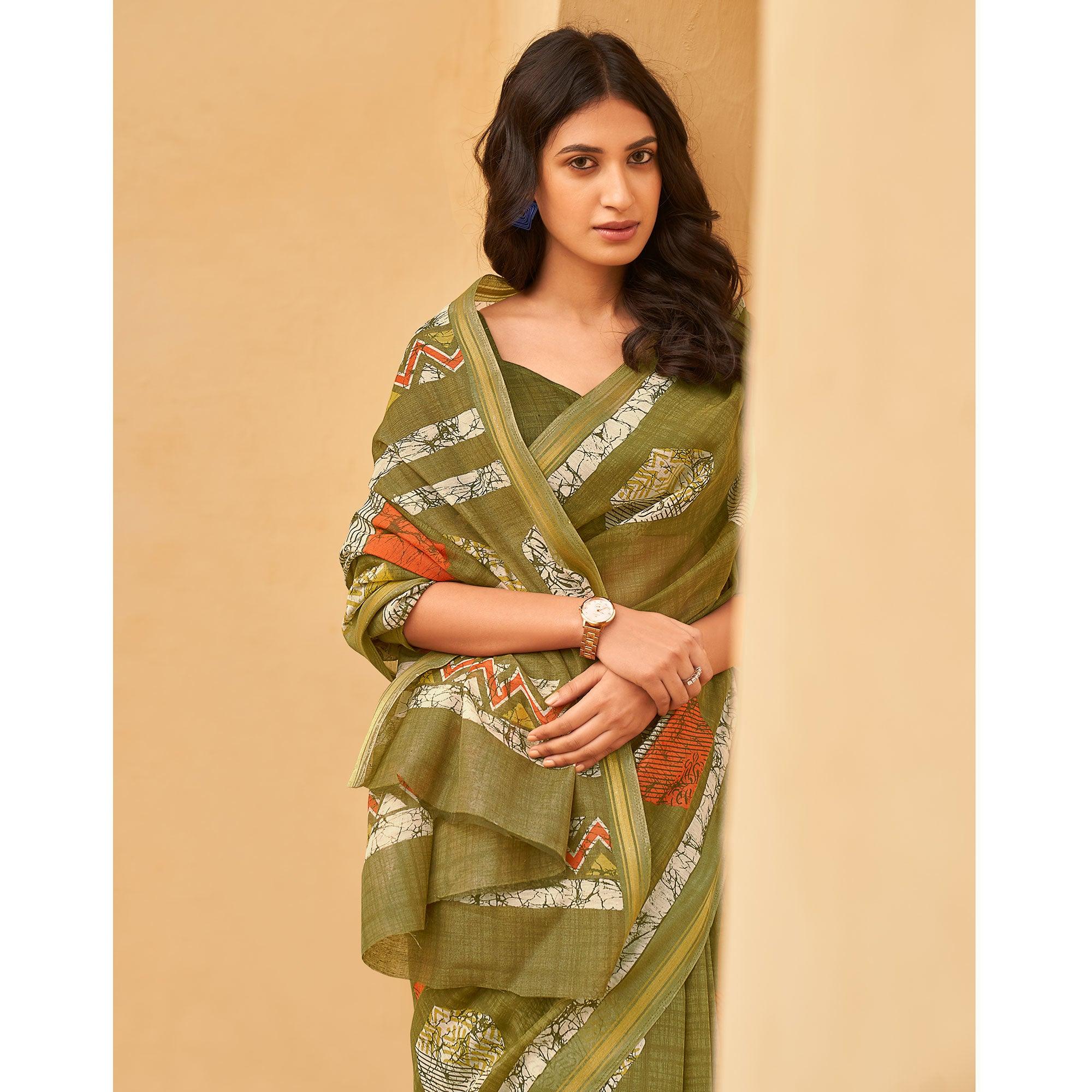 Green Casual Wear Fancy Printed Linen Saree - Peachmode