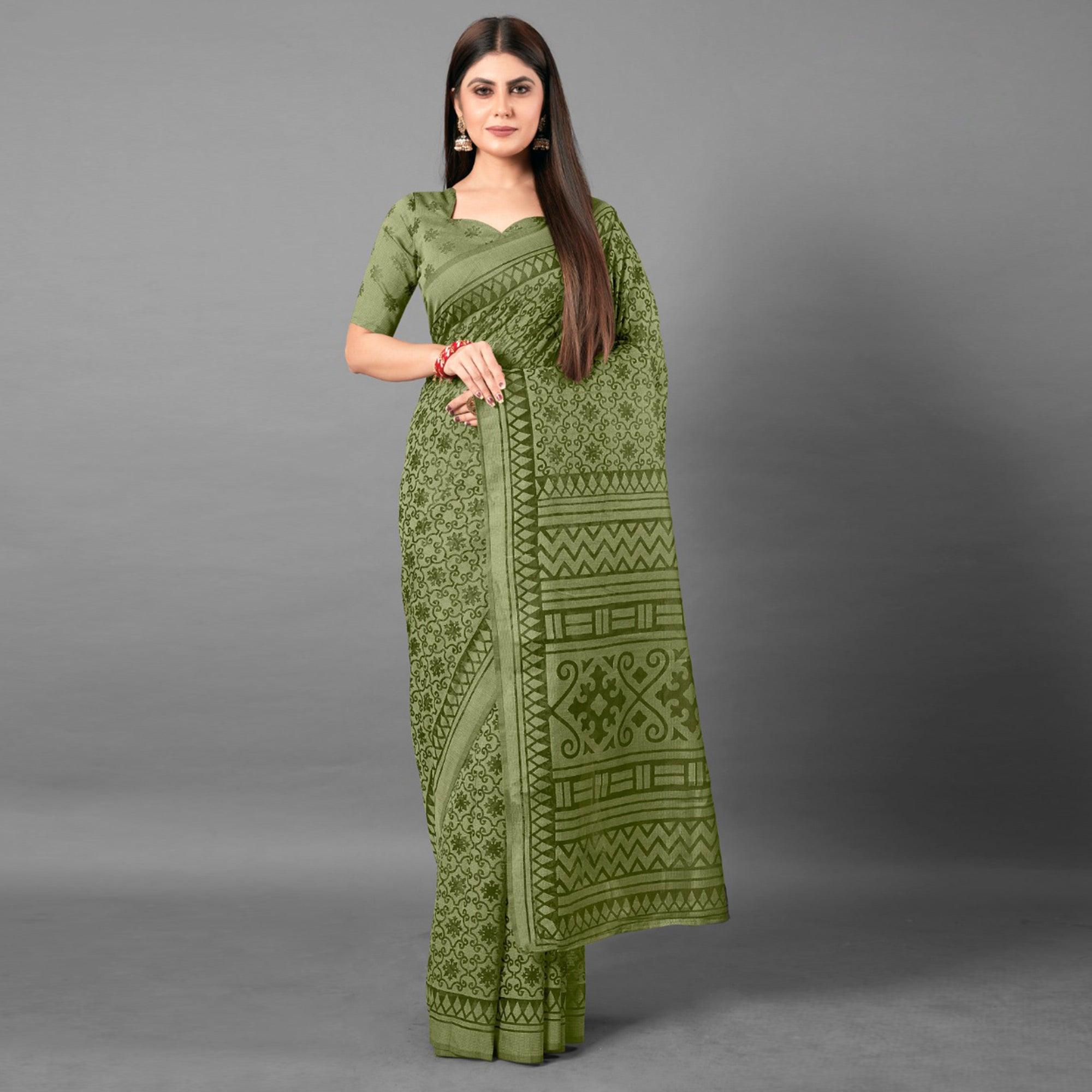 Green Casual Wear Floral Brasso Saree - Peachmode