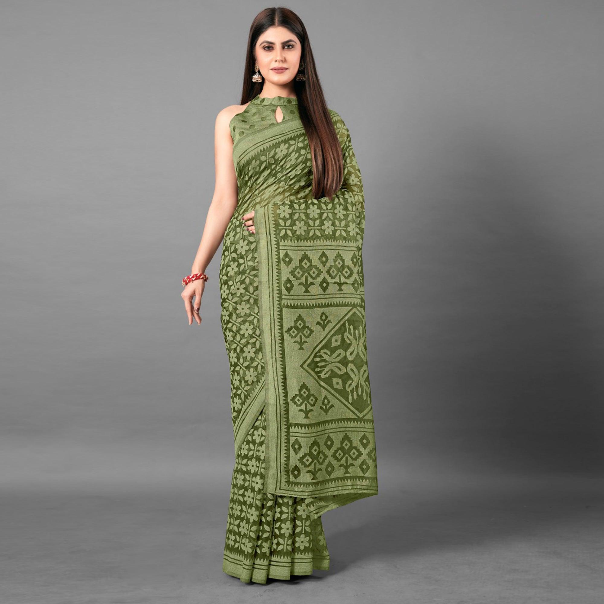 Green Casual Wear Floral Brasso Saree - Peachmode