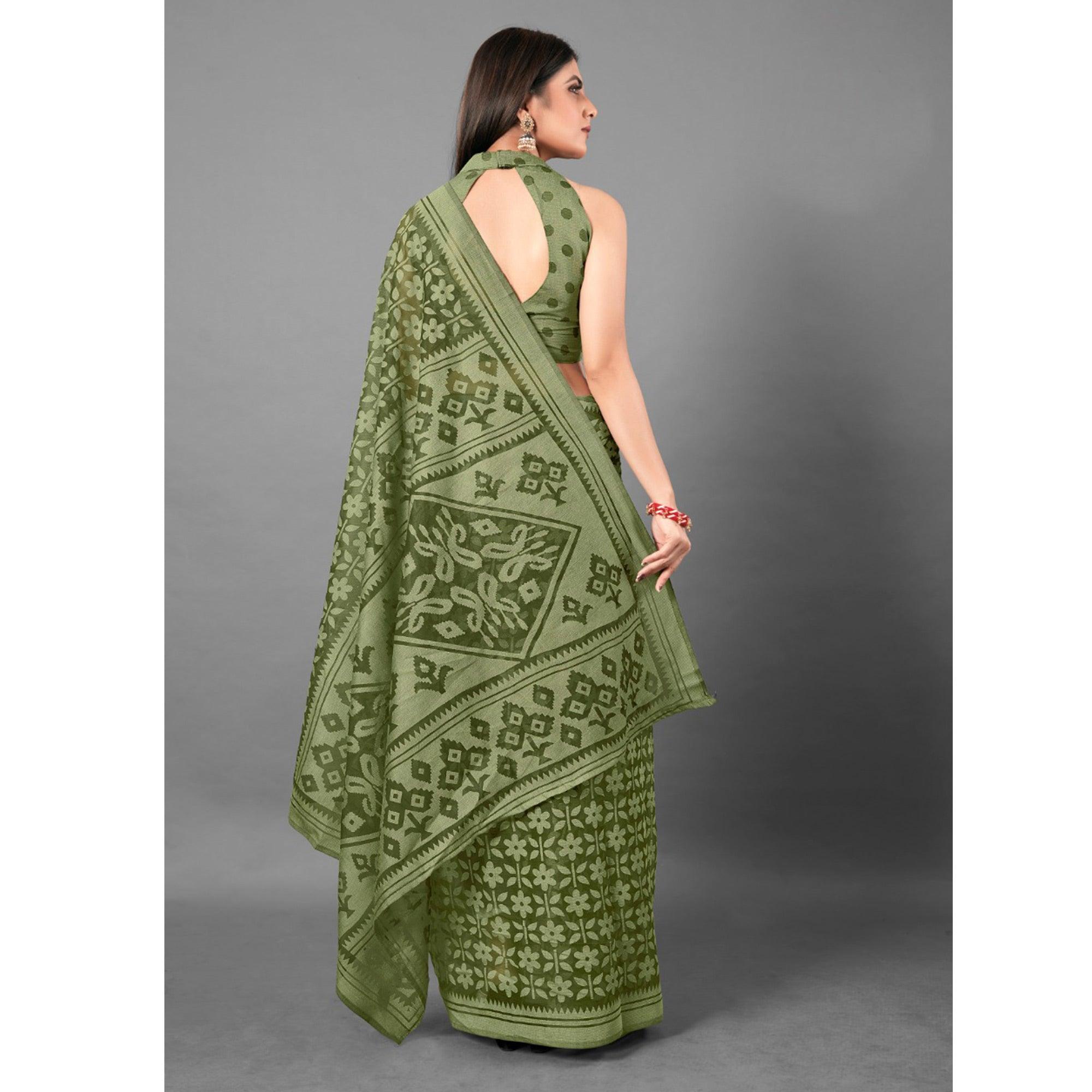 Green Casual Wear Floral Brasso Saree - Peachmode