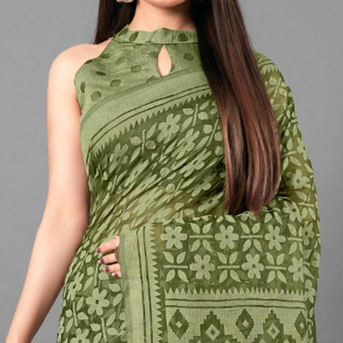 Green Casual Wear Floral Brasso Saree - Peachmode