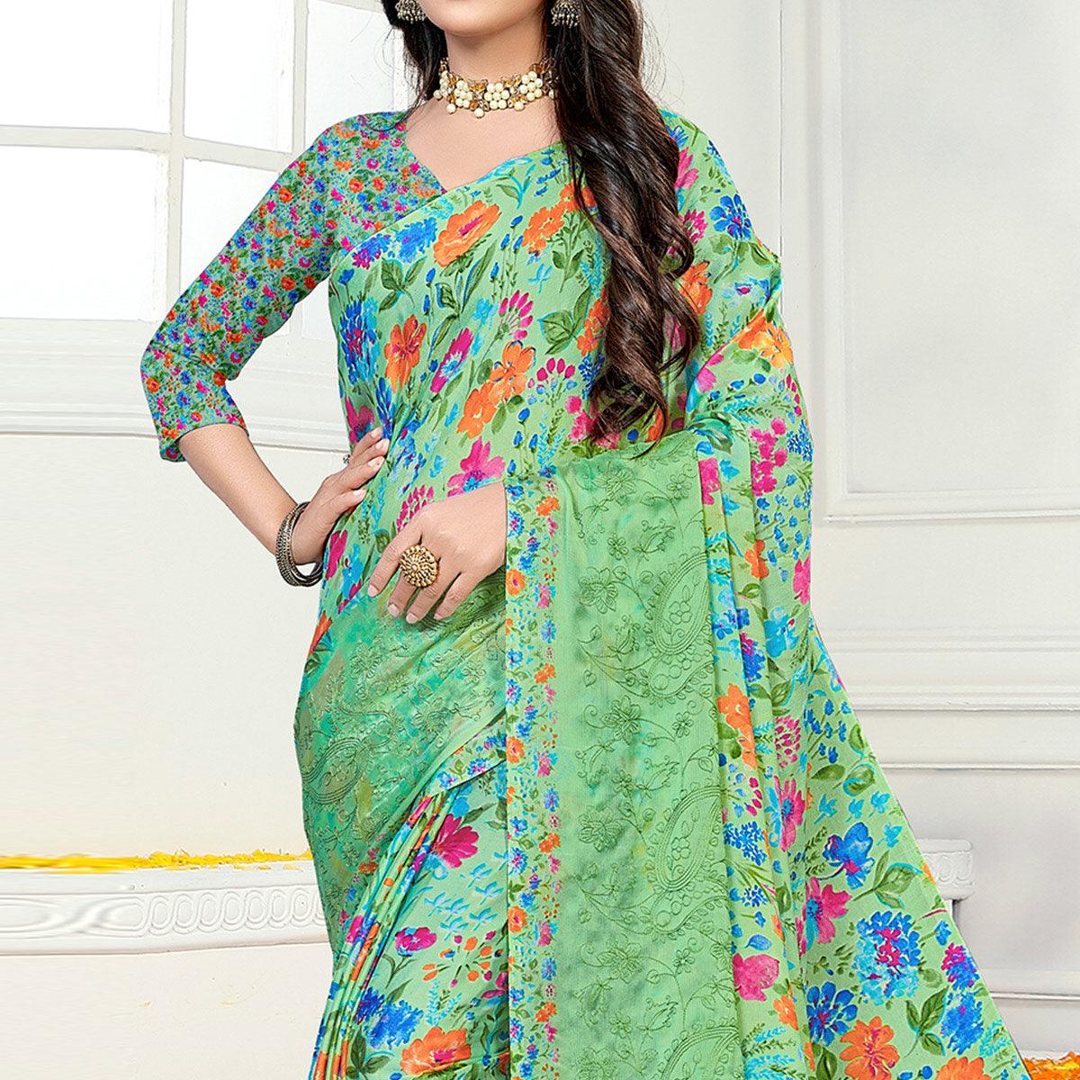 Green Casual Wear Floral Digital Printed Chiffon Saree - Peachmode