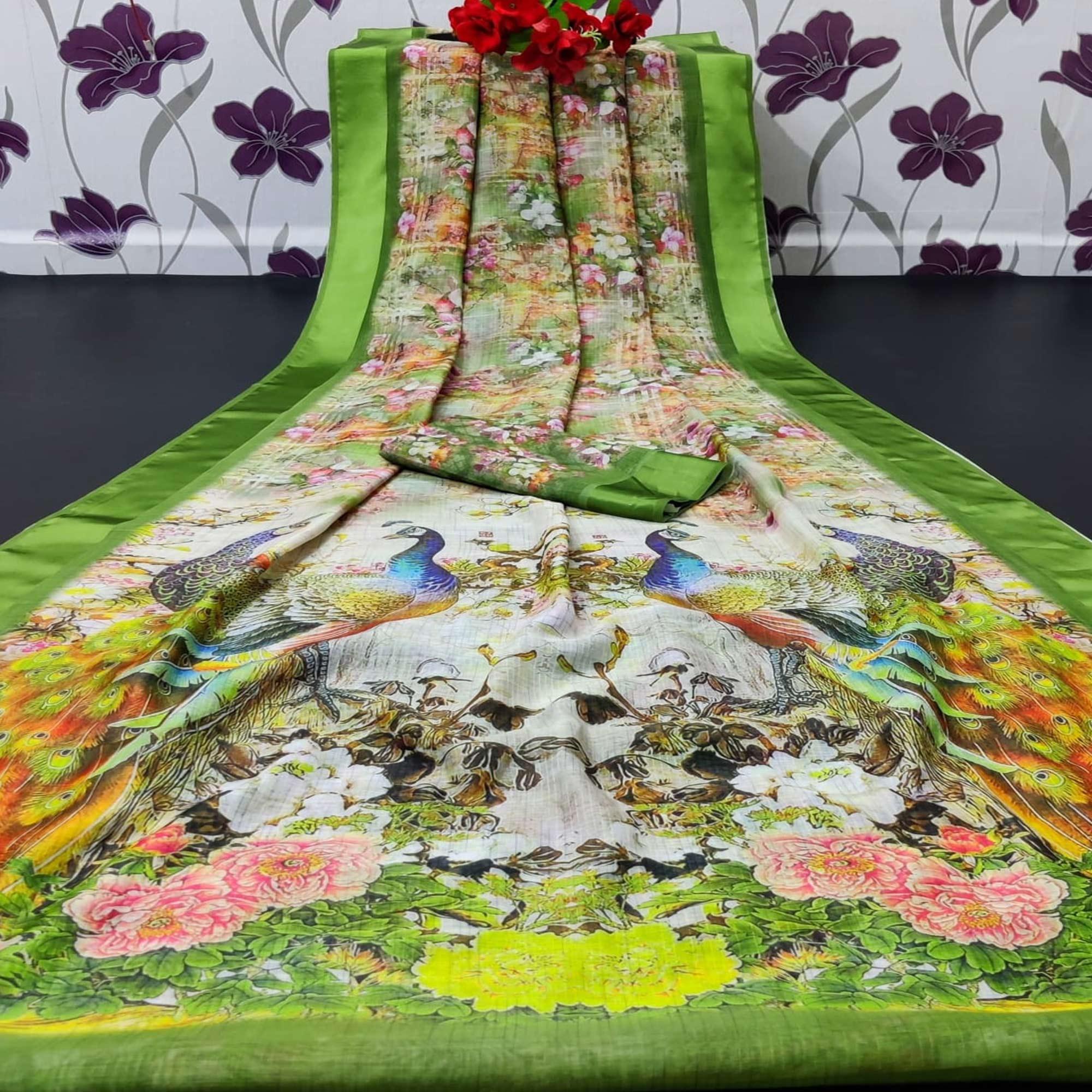 Green Casual Wear Floral Digital Printed Linen Saree With Satin Border - Peachmode