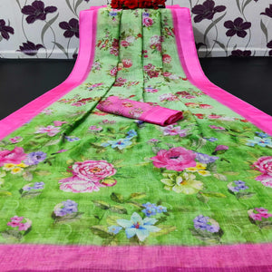 Green Casual Wear Floral Digital Printed Linen Saree With Satin Border - Peachmode