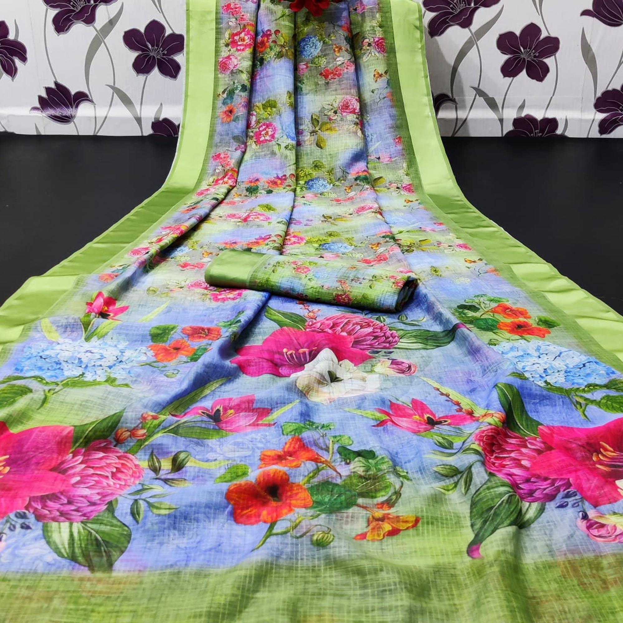 Green Casual Wear Floral Digital Printed Linen Saree With Satin Border - Peachmode