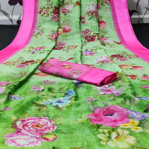 Green Casual Wear Floral Digital Printed Linen Saree With Satin Border - Peachmode