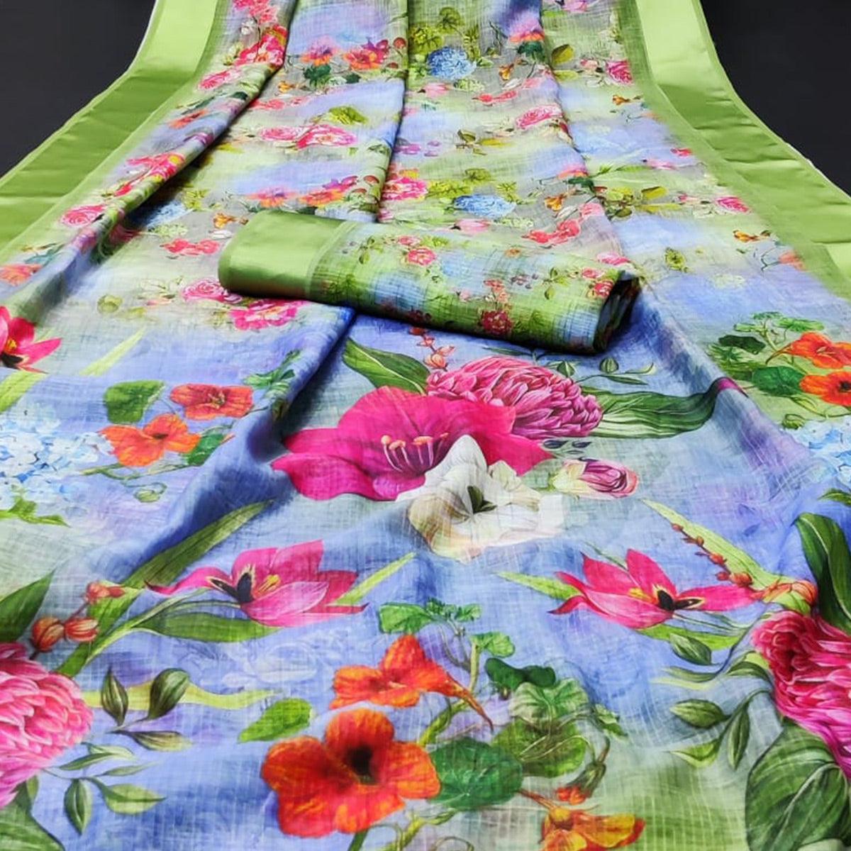 Green Casual Wear Floral Digital Printed Linen Saree With Satin Border - Peachmode