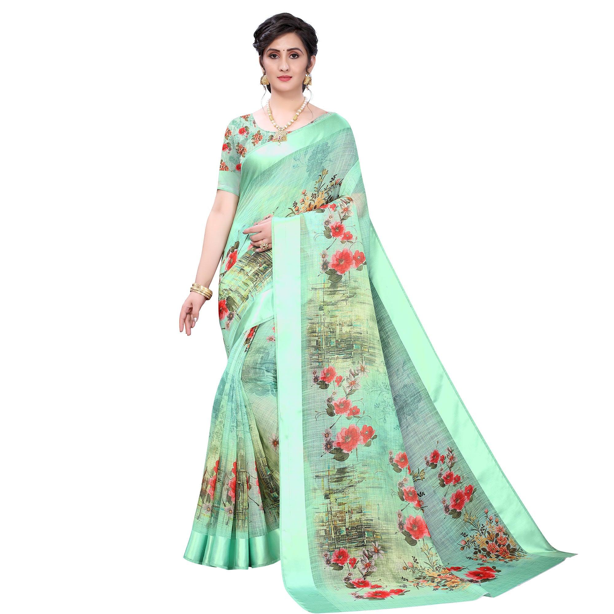 Green Casual Wear Floral Digital Printed Linen Slub saree - Peachmode