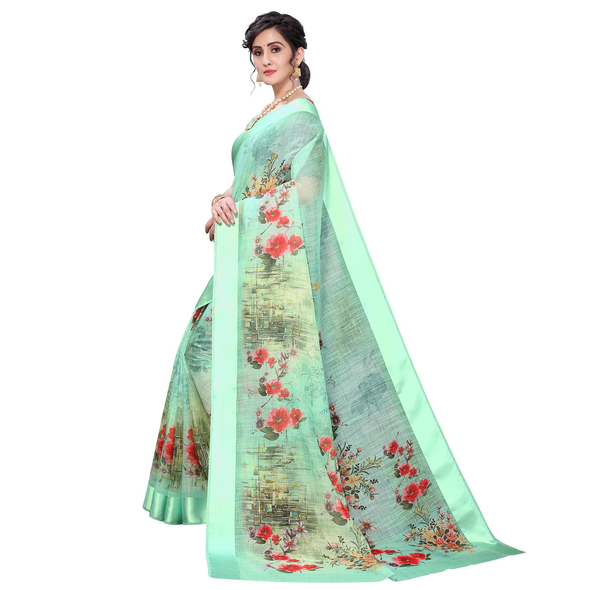 Green Casual Wear Floral Digital Printed Linen Slub saree - Peachmode