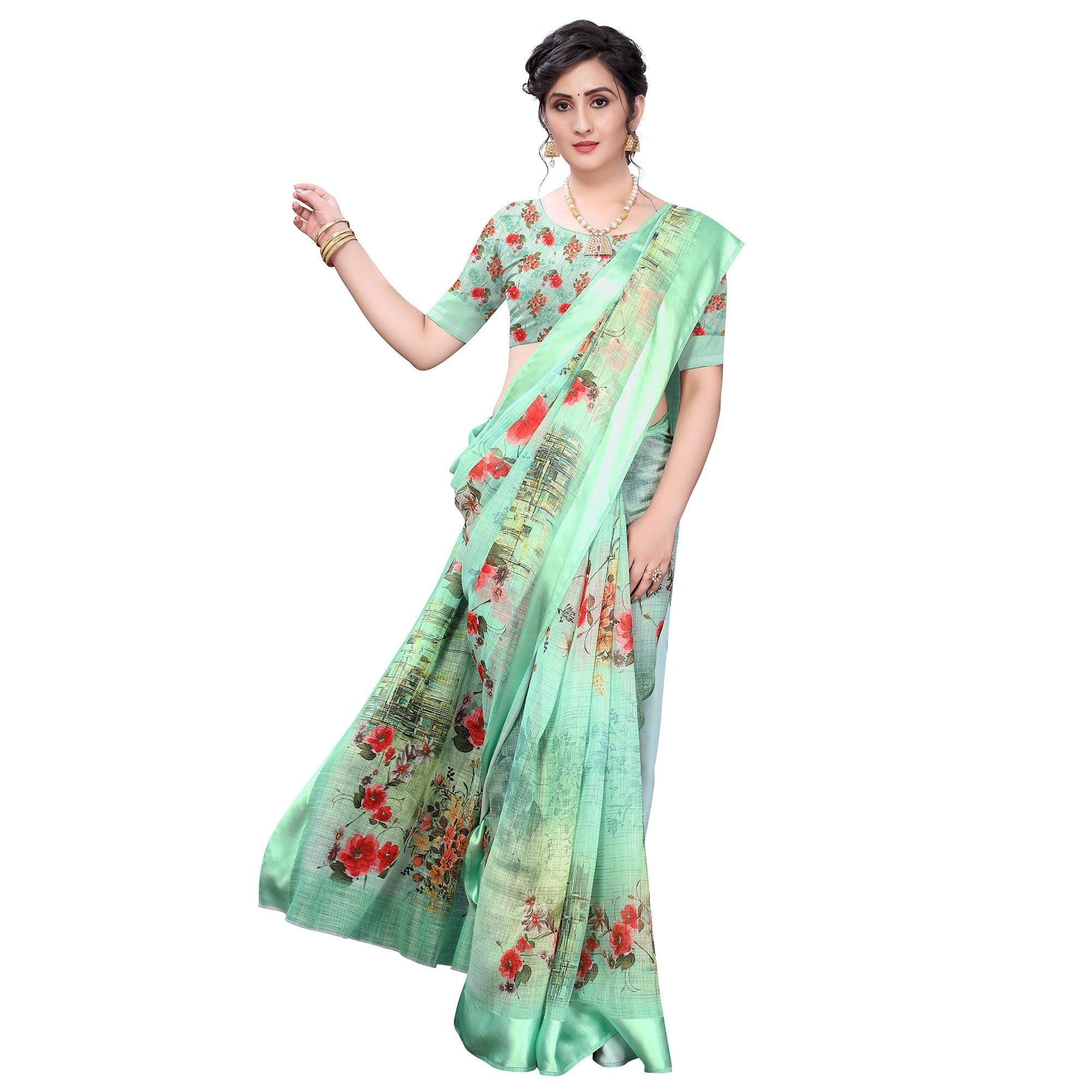 Green Casual Wear Floral Digital Printed Linen Slub saree - Peachmode