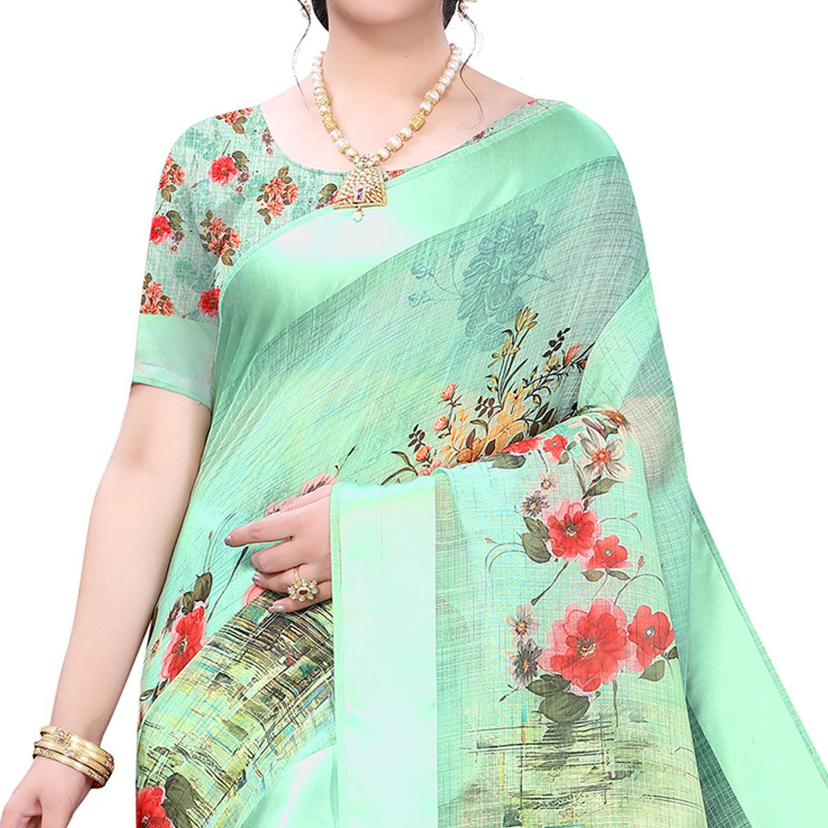 Green Casual Wear Floral Digital Printed Linen Slub saree - Peachmode