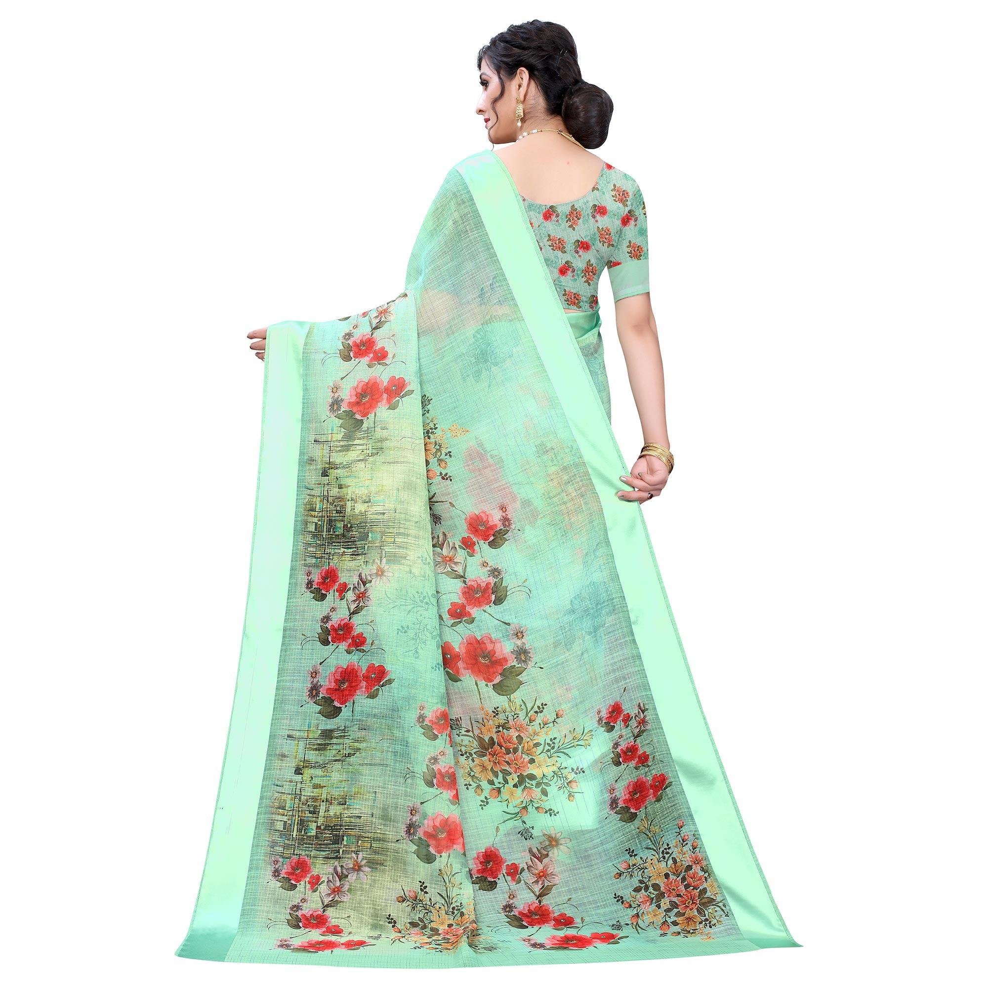 Green Casual Wear Floral Digital Printed Linen Slub saree - Peachmode