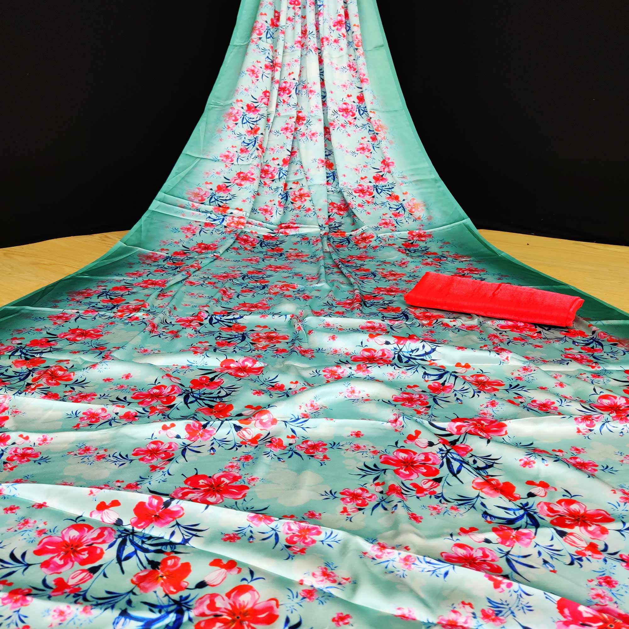 Green Casual Wear Floral Digital Printed Satin Saree - Peachmode