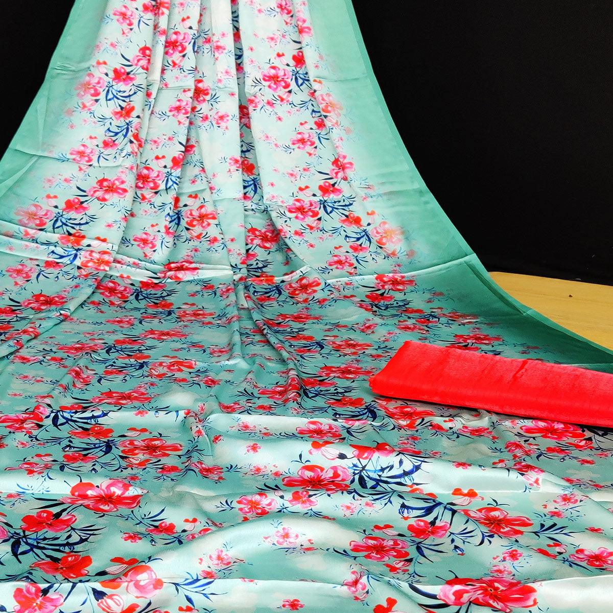 Green Casual Wear Floral Digital Printed Satin Saree - Peachmode