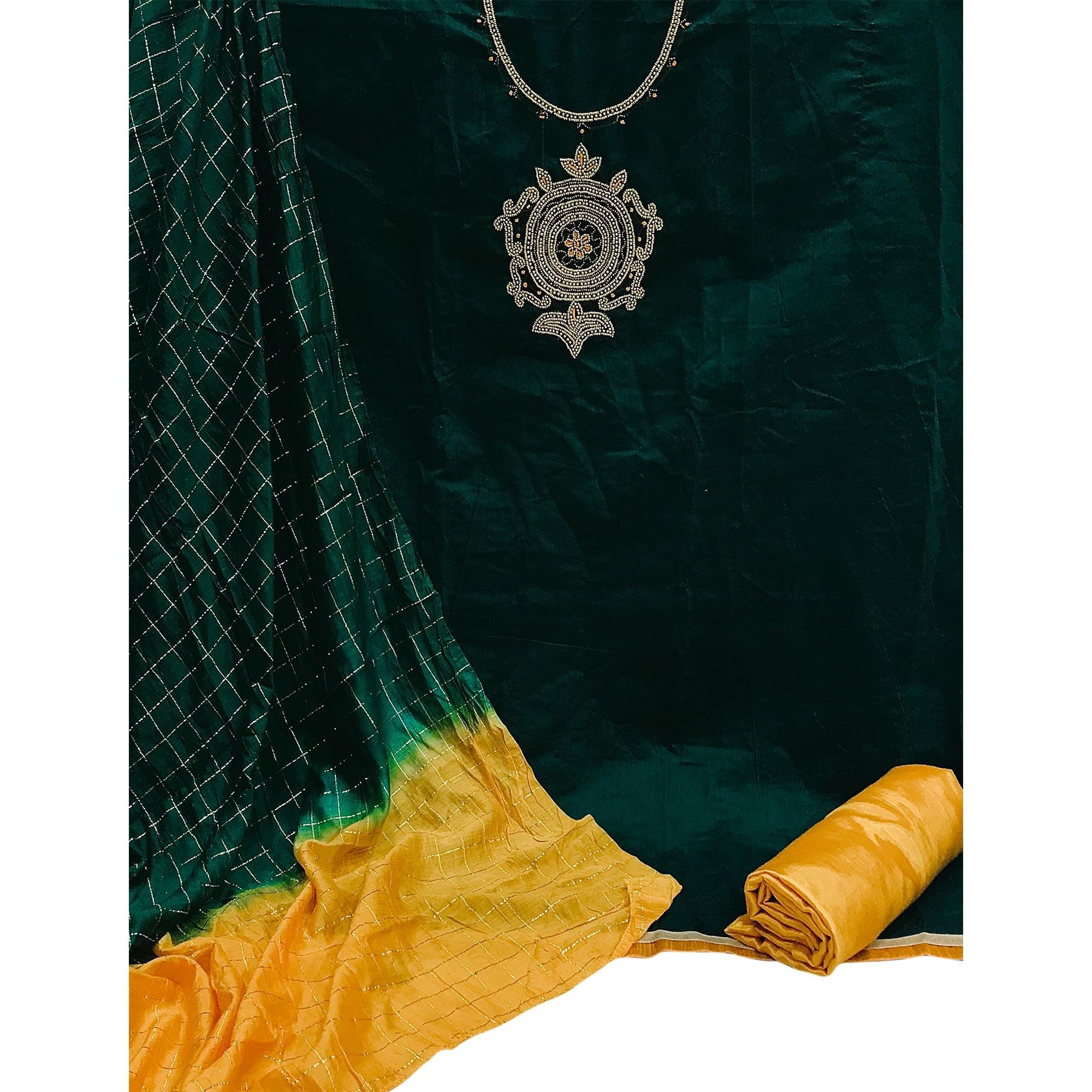 Green Casual Wear Floral embellished Handwork Chanderi Dress Material - Peachmode