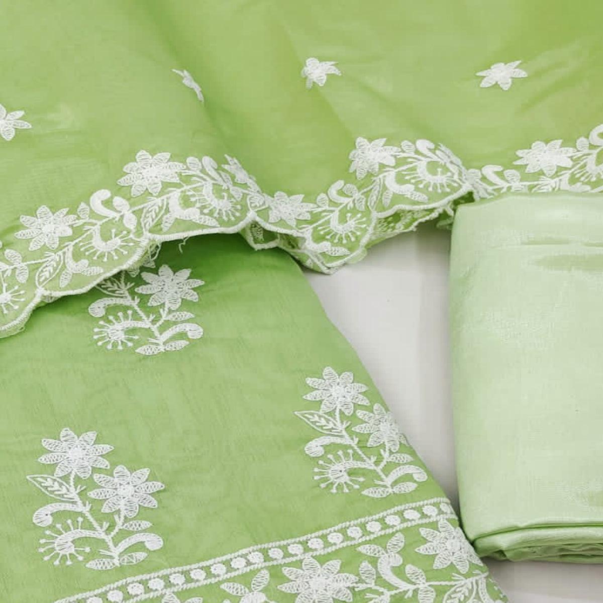 Green Casual Wear Floral Embroidered Chanderi Dress Material - Peachmode