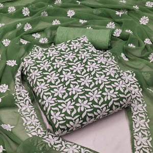 Green Casual Wear Floral Embroidered Georgette Dress Material - Peachmode
