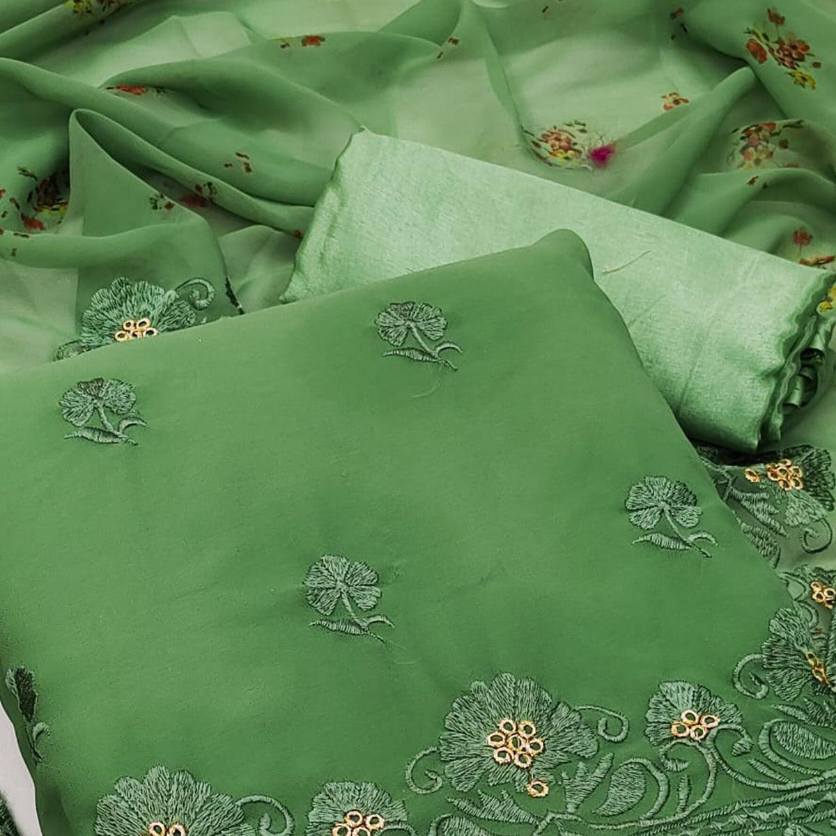 Green Casual Wear Floral Embroidered Georgette Dress Material - Peachmode