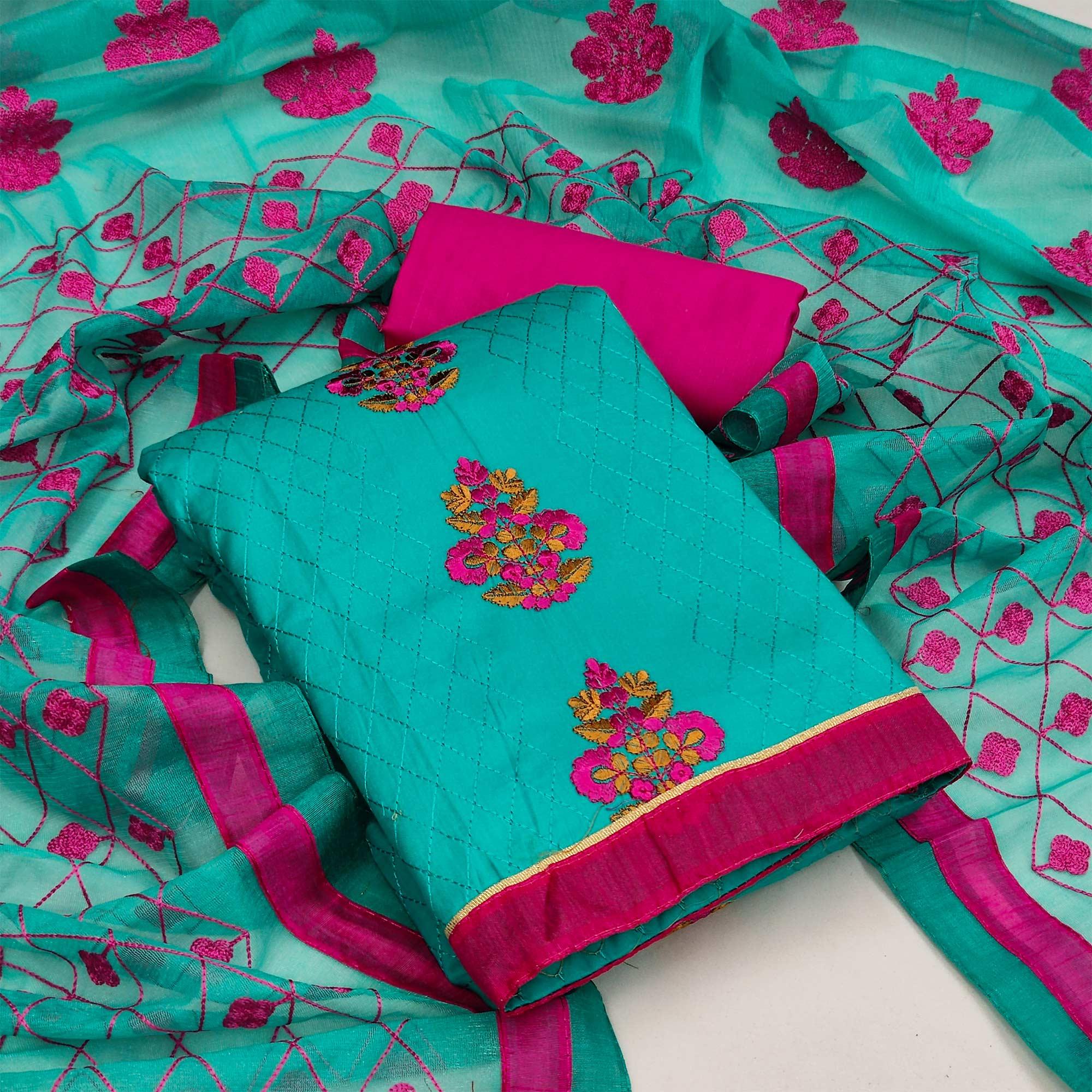 Green Casual Wear Floral Embroidered Work Cotton Dress Material - Peachmode