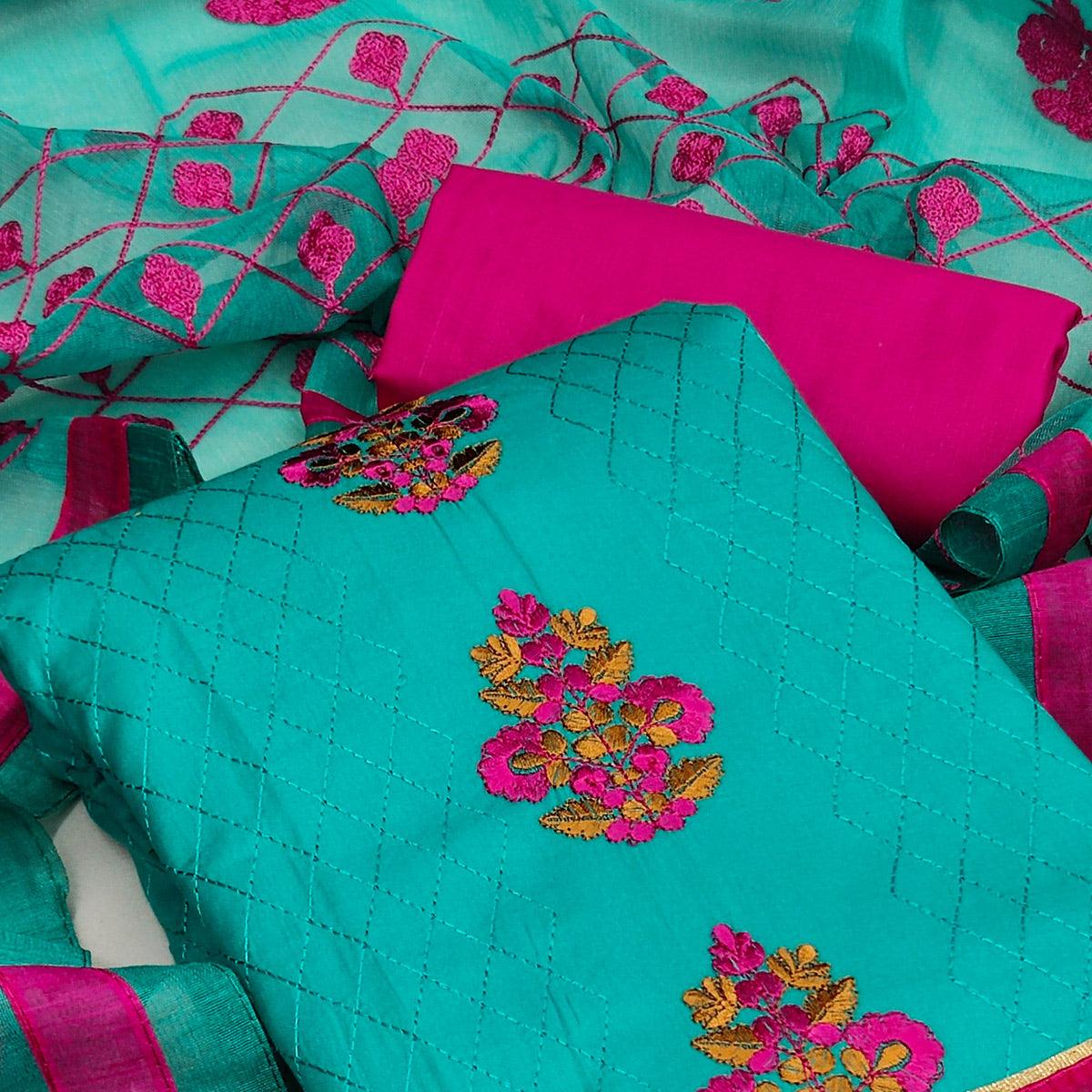 Green Casual Wear Floral Embroidered Work Cotton Dress Material - Peachmode