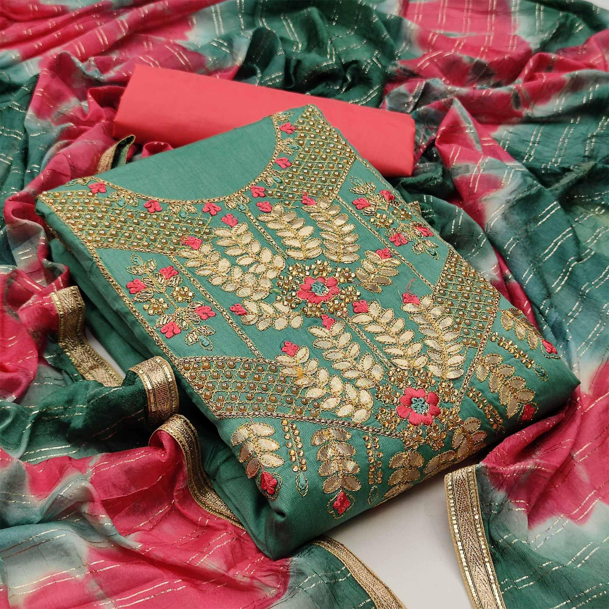 Green Casual Wear Floral Embroidery With Hand Work Cotton Dress Material - Peachmode